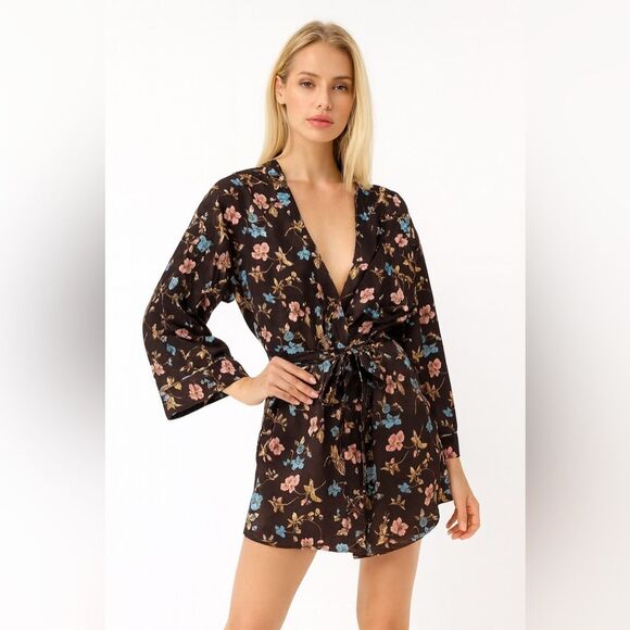 NWT Adonna Robe Lingerie Womens Satin Floral Brown Size Medium - Picture 1 of 9